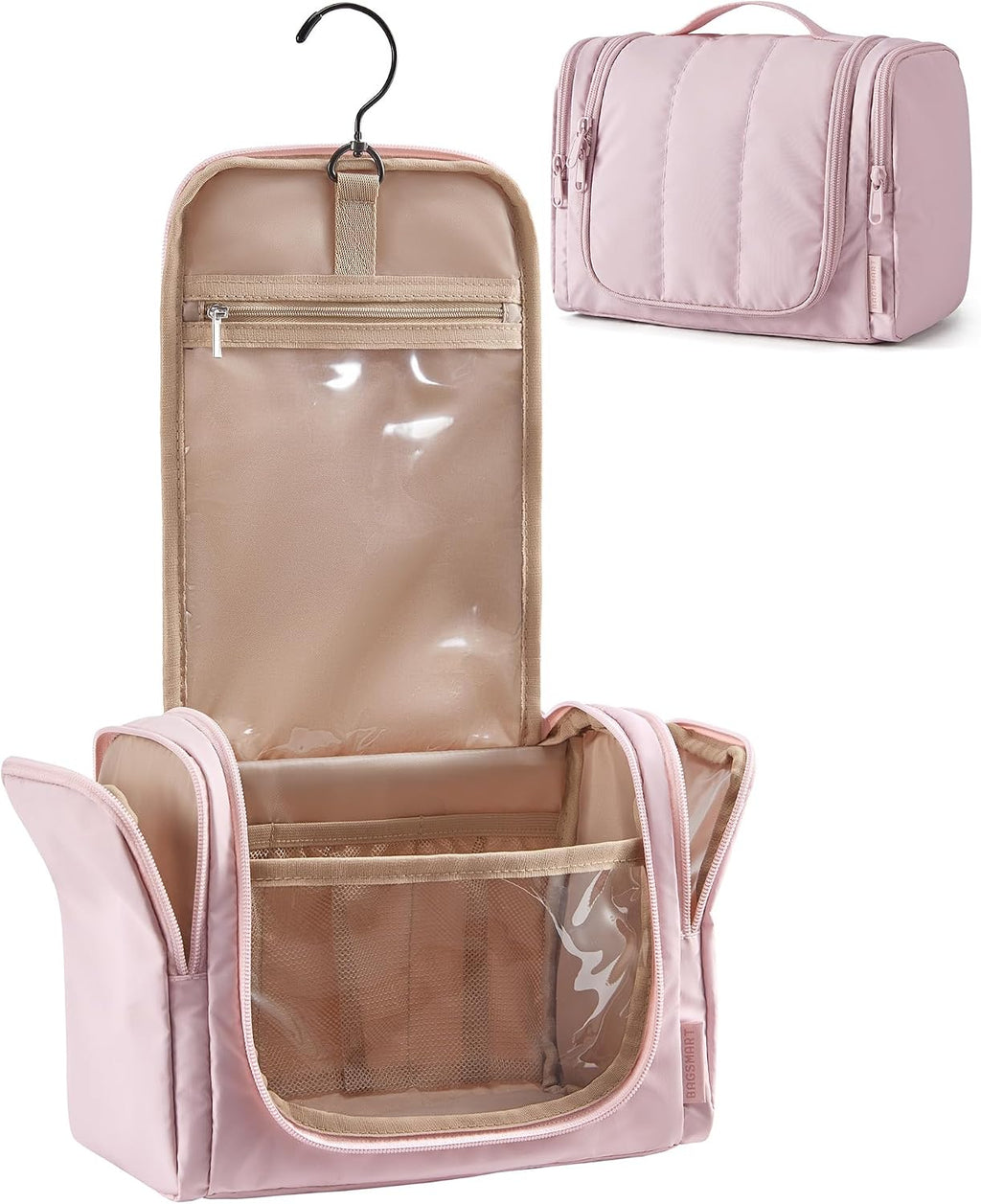 BAGSMART Travel Toiletry Bag for Women, Puffy Hanging Toiletry Bag with Hook, Water-resistant Toiletry Organizer for Full Sized Toiletries (Baby Pink)