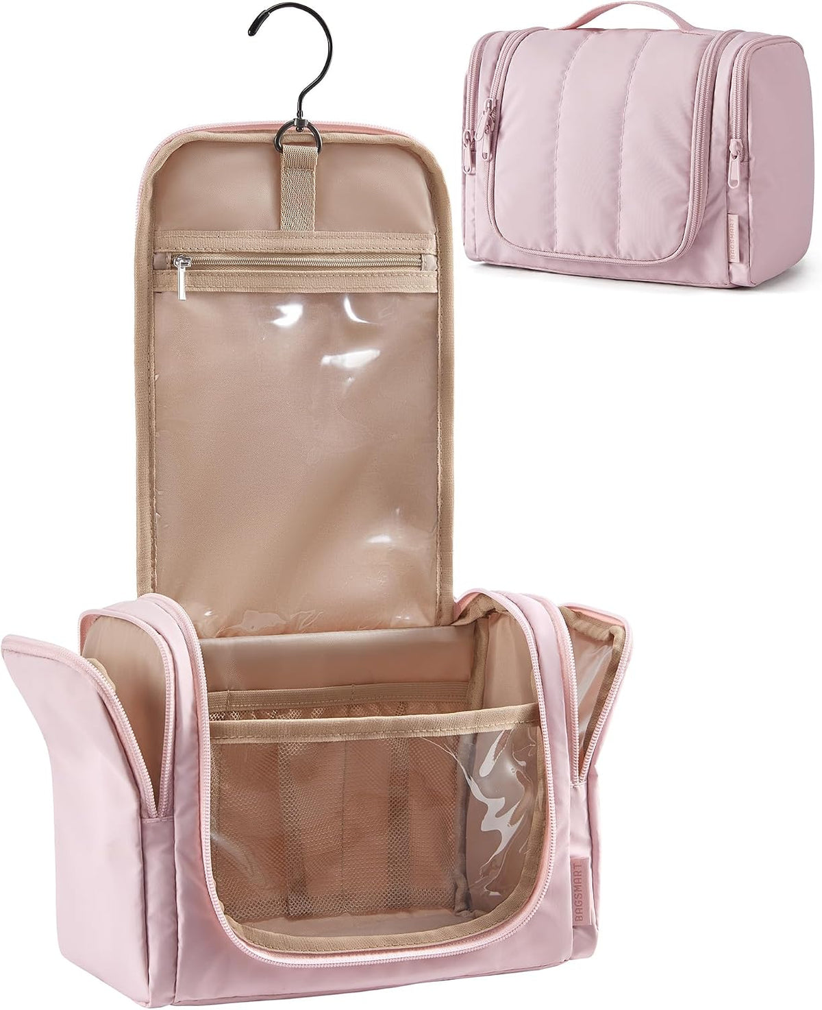 BAGSMART Travel Toiletry Bag for Women, Puffy Hanging Toiletry Bag with Hook, Water-resistant Toiletry Organizer for Full Sized Toiletries (Baby Pink)