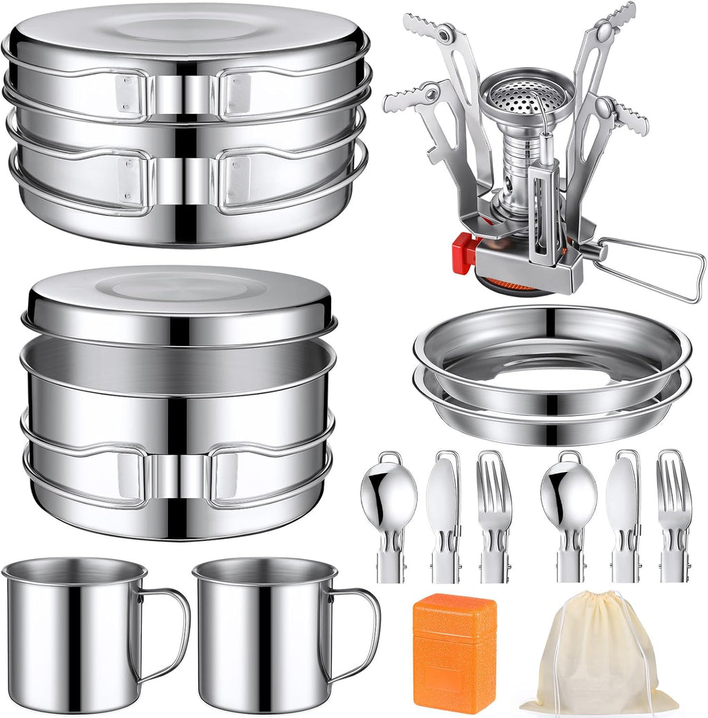 Funnymoom 15 Pcs Camp Cooking Set Stainless Steel Camping Cookware Mess Kit with Pot Pan and Stove 2 Set Stainless Steel Cups Plates Forks Knives Spoons for Camping Backpacking Outdoor Cooking Picnic