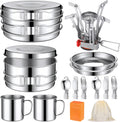 Funnymoom 15 Pcs Camp Cooking Set Stainless Steel Camping Cookware Mess Kit with Pot Pan and Stove 2 Set Stainless Steel Cups Plates Forks Knives Spoons for Camping Backpacking Outdoor Cooking Picnic
