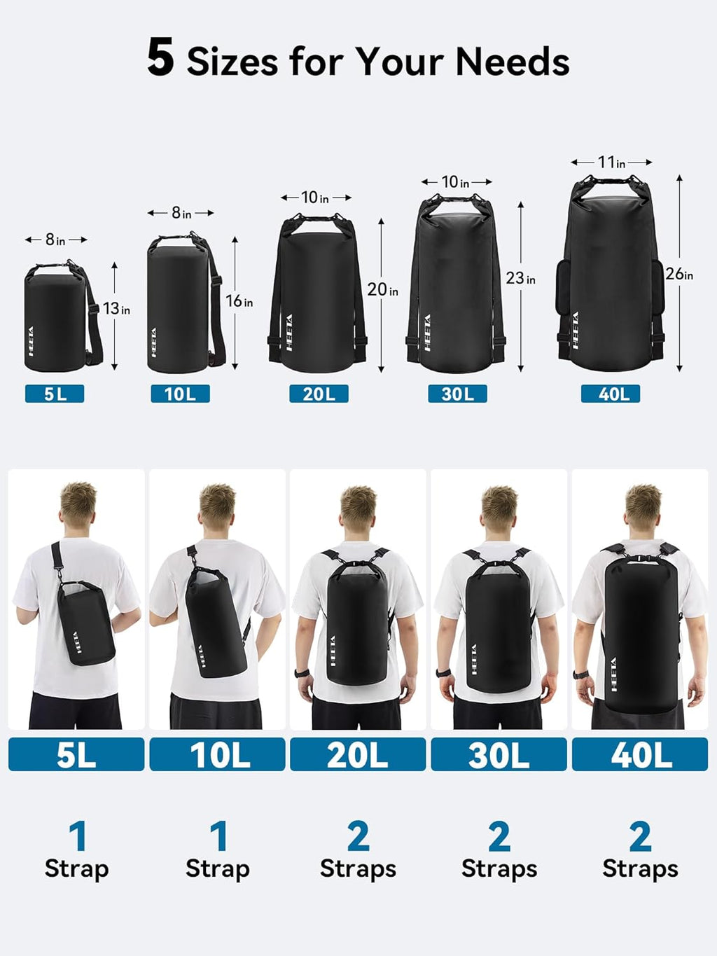 HEETA Waterproof Dry Bag Backpack with Emergency Whistle 5L/10L/20L/30L/40L