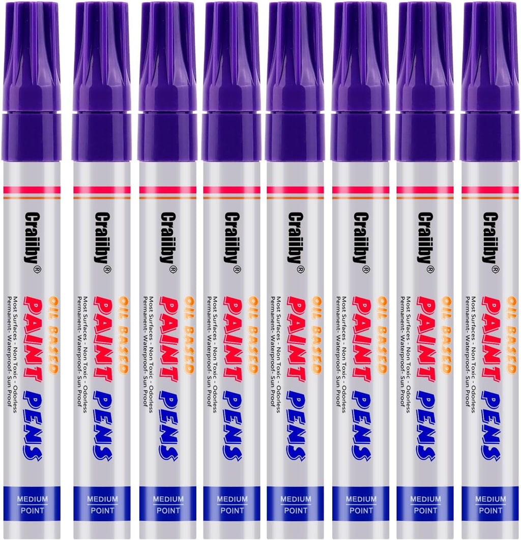 Purple Paint Markers, 8 Pack Oil-Based Waterproof Quick Dry Permanent Paint Pen Set for Rocks Painting, Wood, Fabric, Plastic, Canvas, Glass, Mugs, Metal, Tire, Stone, DIY Craft