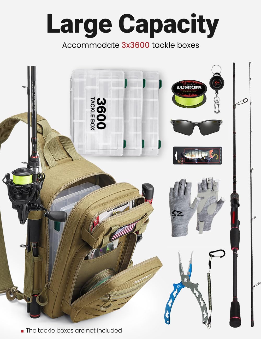 Piscifun Fishing Backpack Tackle Bag with 2 Rod Holders, Multi-Compartment Storage, MOLLE System, Water-Resistant Lightweight Outdoor Pack,Single Shoulder Black Standard