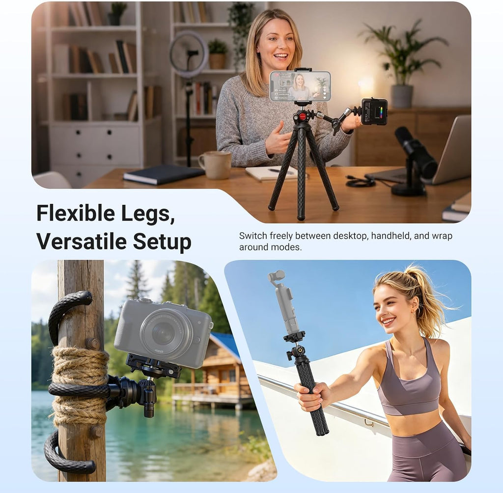 NEEWER Flexible Phone Tripod, Small Mini Camera Webcam Desk Stand, Phone Holder & Action Camera Mount Adapter Compatible with iPhone GoPro DJI Pocket 4 3 Xtra Muse Insta360 for Video Recording, TP34