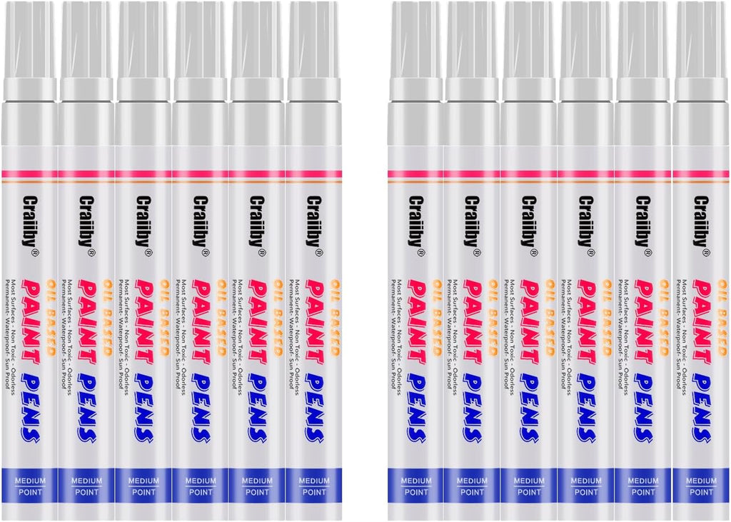 White Paint Markers, 12 Pack Oil-Based Waterproof Quick Dry Permanent Paint Pen Set for Rocks Painting, Wood, Plastic, Canvas, Glass, Mugs, Metal, Tire, Stone, DIY Craft