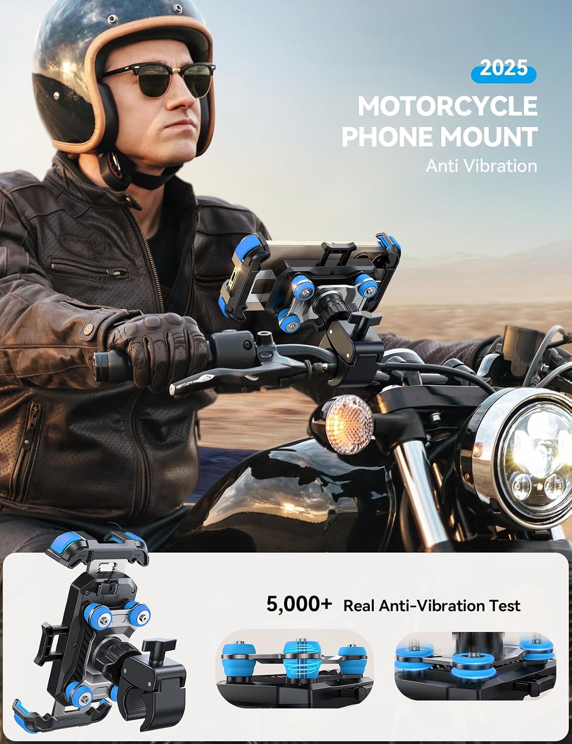 JOYROOM Motorcycle Phone Mount Holder - [Dual Vibration Dampener] 150mph Anti-Shock Phone Holder for Motorcycle [Upgrade Metal Handlebar Clamp] - Bicycle Bike Phone Holder Mount for 4.7-7" Phones,Blue