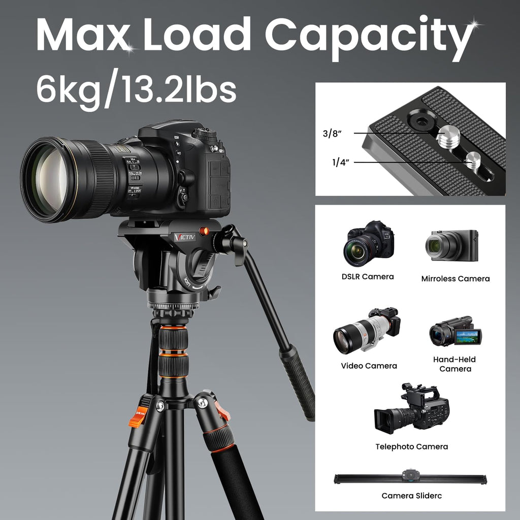 Victiv 72" Video Camera Tripod, Heavy Duty Fluid Head Tripod with Carry Bag