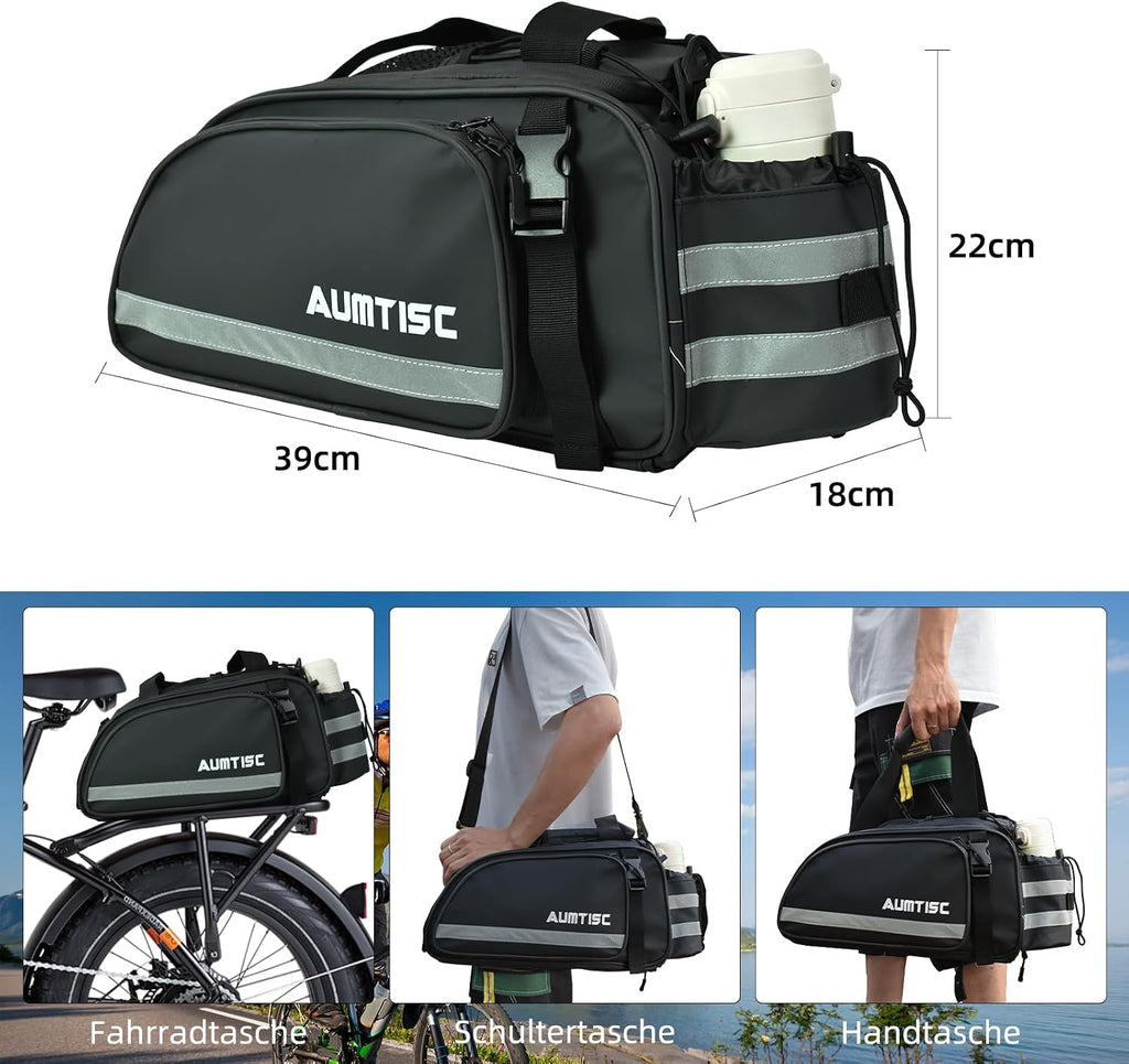 AUMTISC Rear Rack Bag, 14L Waterproof Bike Bags for Bicycles Rear Rack, Ebike Trunk Panniers Bag with Rain Cover, Cycling Seat Cargo Rack Bag with Reflective Strip for Commuter Travel Outdoor