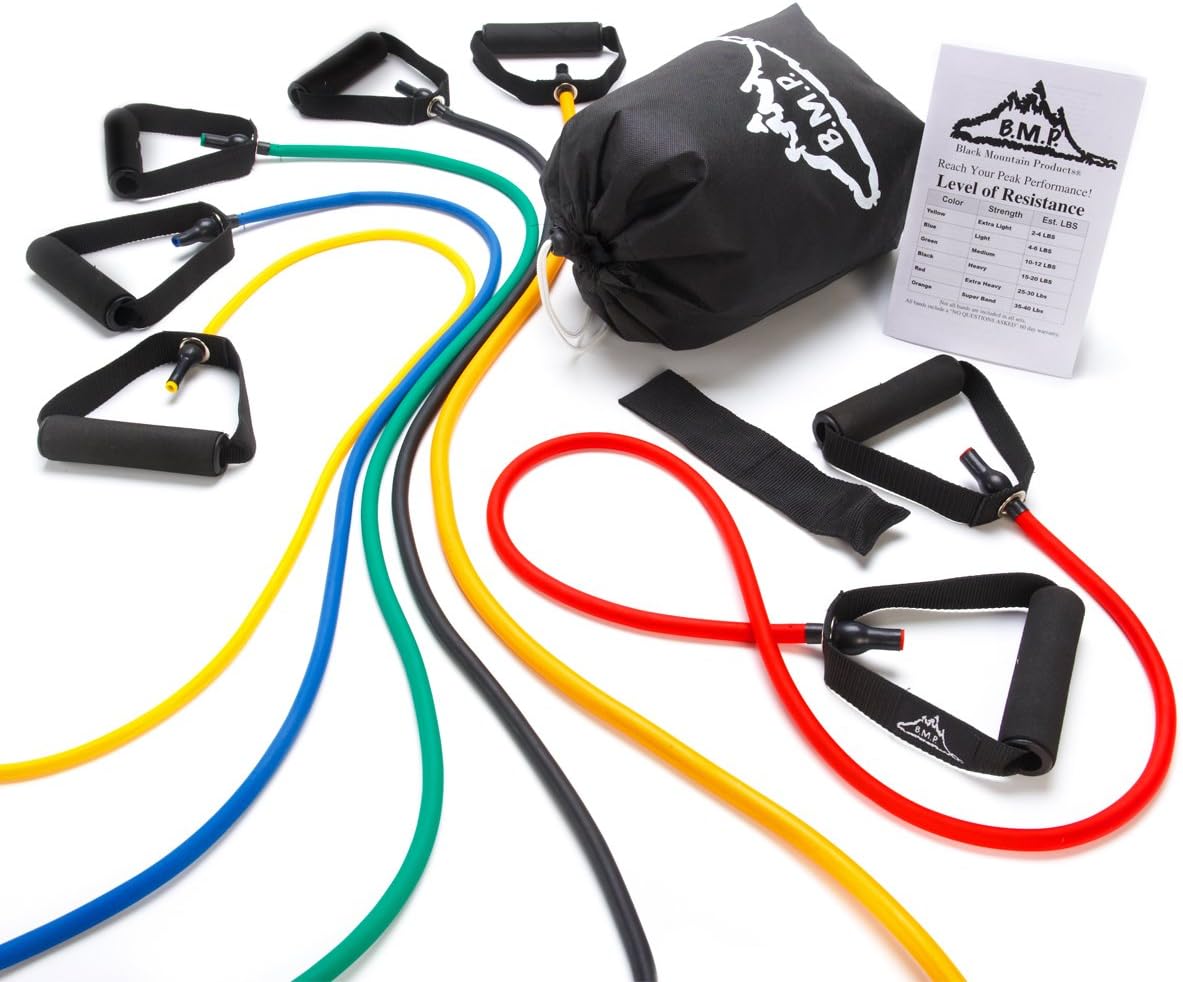 Black Mountain Products Resistance Band Set Six Bands Included - Door Anchor Workout Guide Carrying Bag Tone Build Muscle