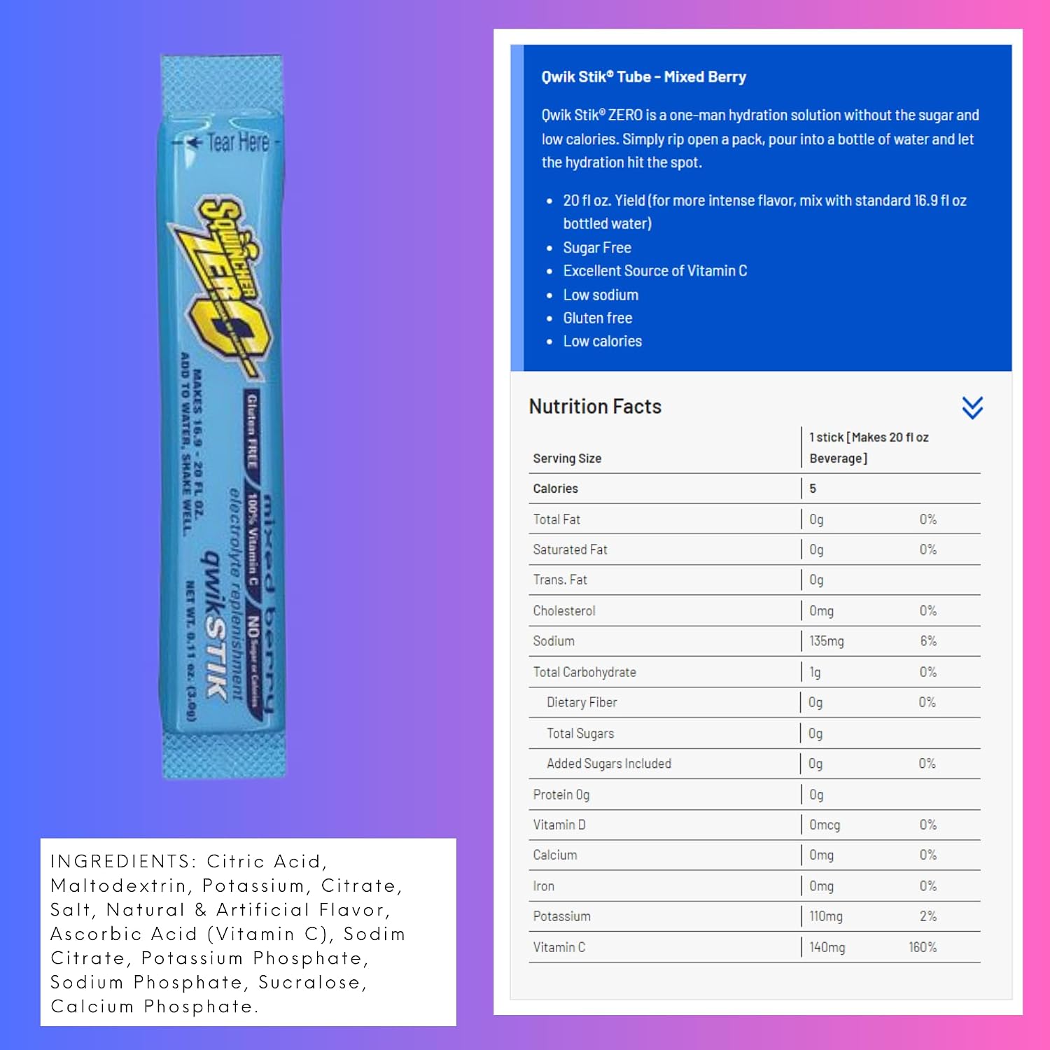 Sqwincher Zero Qwik Stik - Single Serve, Sugar Free, Low Calorie, Low Sodium Electrolyte Replacement Powder Hydration Drink Mix, 0.11 oz Packet | MIXED BERRY - Pack of 30