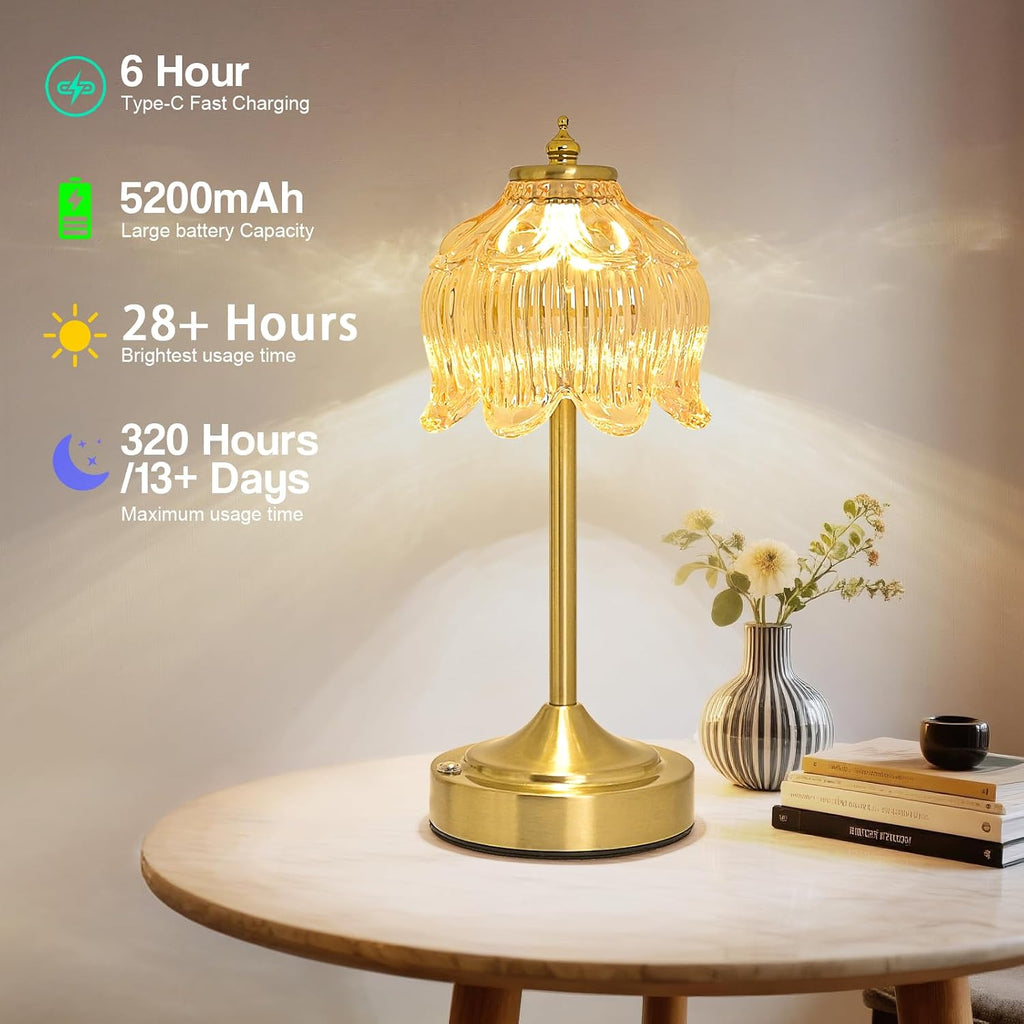 Cordless Table Lamp, Rechargeable Amber Glass Lotus Flower Lamp