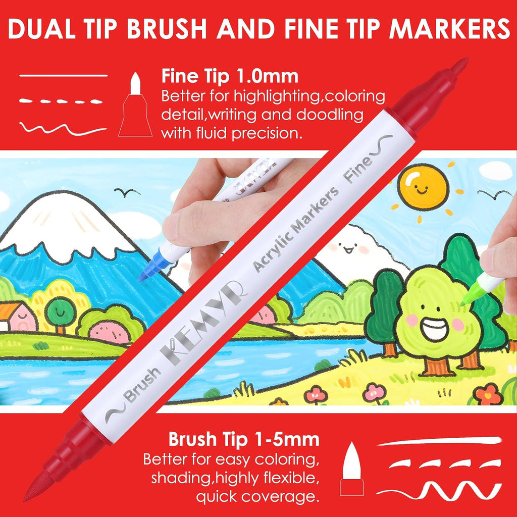 KEMYR 100 Colors Brush & Fine Tip Acrylic Paint Pens, Dual Tip Acrylic Paint Markers for Paper, Wood, Canvas, Stone, Rock, Glass, Fabric, DIY, Ceramic, Art Supplies for Adults Drawing