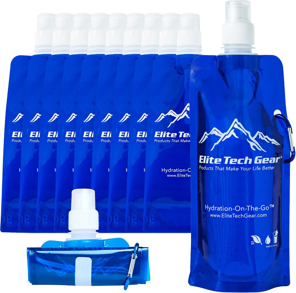 Elite Screens Collapsible Water Bottles - 10-Pack, 16.9 oz, Blue - Foldable & Reusable Water Bottle with Carabiner Strap for Hiking, Camping & Cycling - Long Flight Must-Haves & Theme Park Essentials