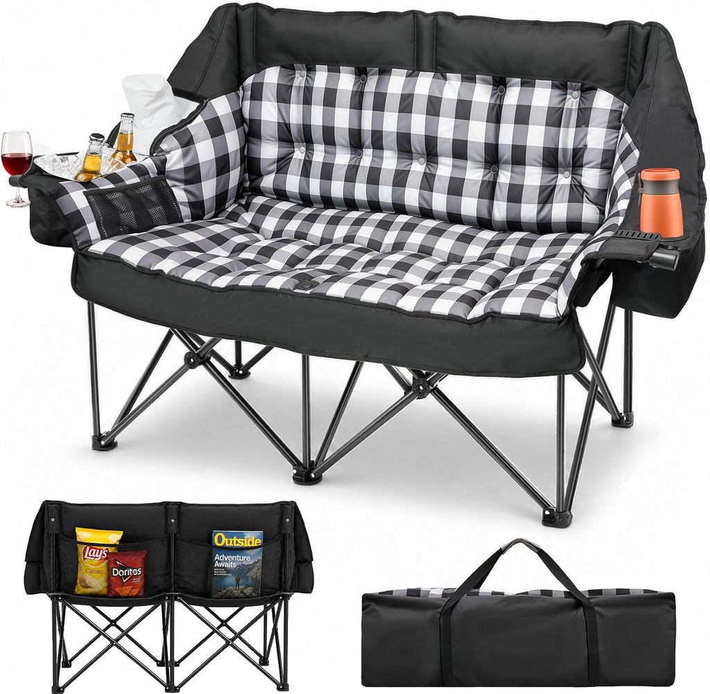 HOPERAN Double Camping Chair 800lbs Camping Couch Folding Loveseat, Black