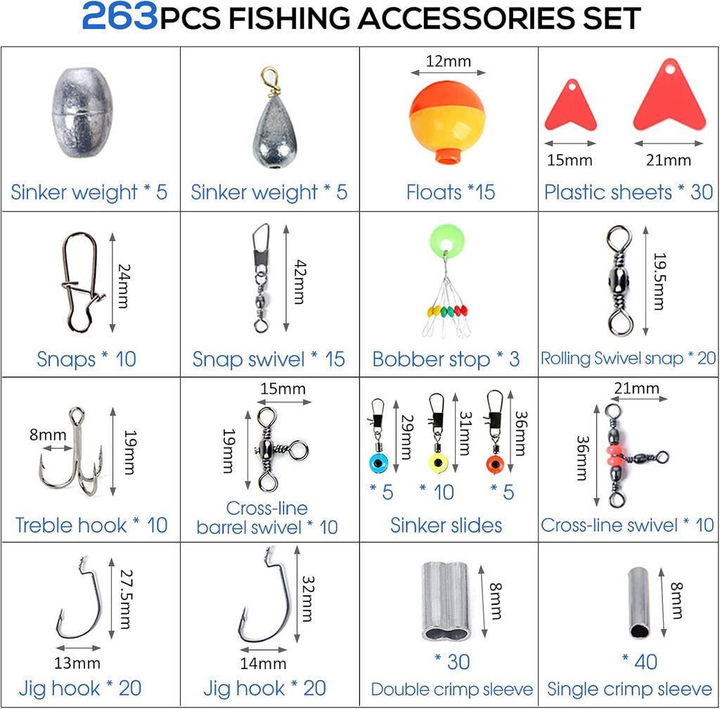 263pcs Fishing Accessories Set with Tackle Box Including Plier Jig Hooks Sinker Weight Swivels Snaps Sinker Slides