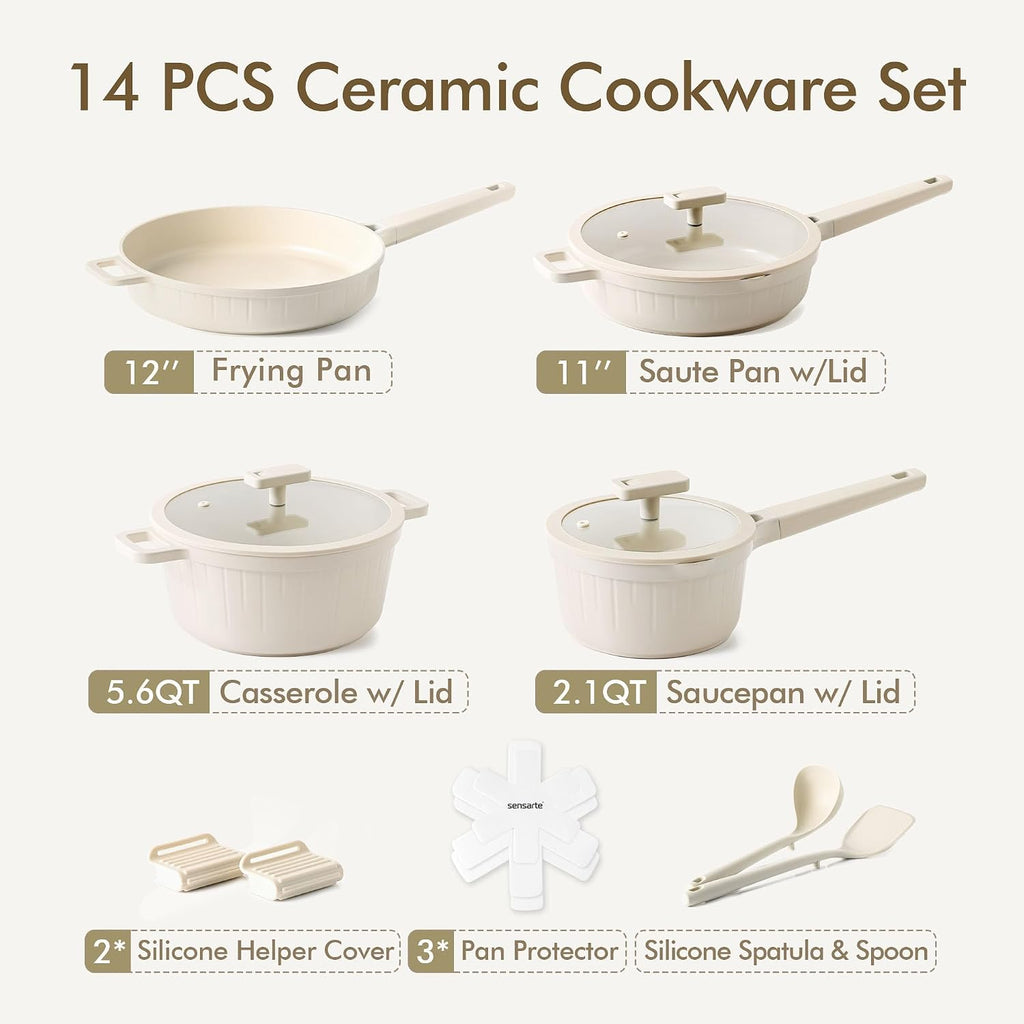 SENSARTE 14Pcs Pots and Pans Set Non Stick, Ceramic Cookware Set Non toxic