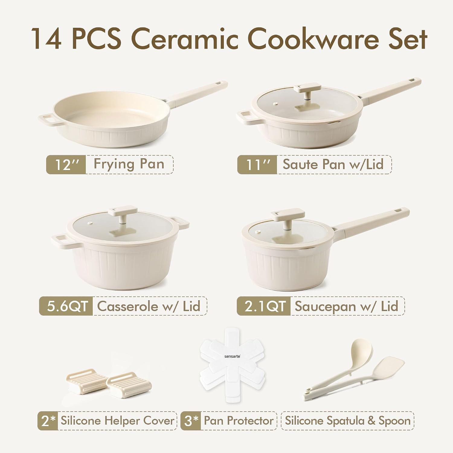 SENSARTE 14Pcs Pots and Pans Set Non Stick, Ceramic Cookware Set Non toxic