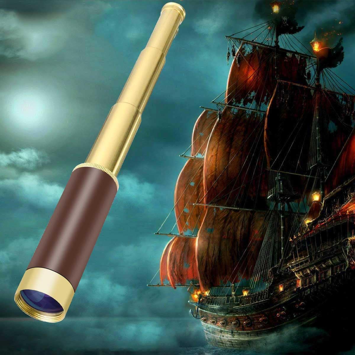 Retro Pirate Telescope Zoomable 25x30 Spyglass Portable Collapsible Handheld Telescope Vintage Monocular for Kids & Survival Gear Compass Pocket Military Compass for Camping Boating