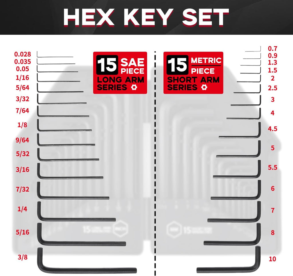 Reniteco 30 PCS Hex Head Key Allen Wrench Tool Set Organizer Kit Alloy Steel L Shape Black Metric (0.7-10 mm) SAE (0.028"-3/8") Standard In Storage Case Long Short Arm