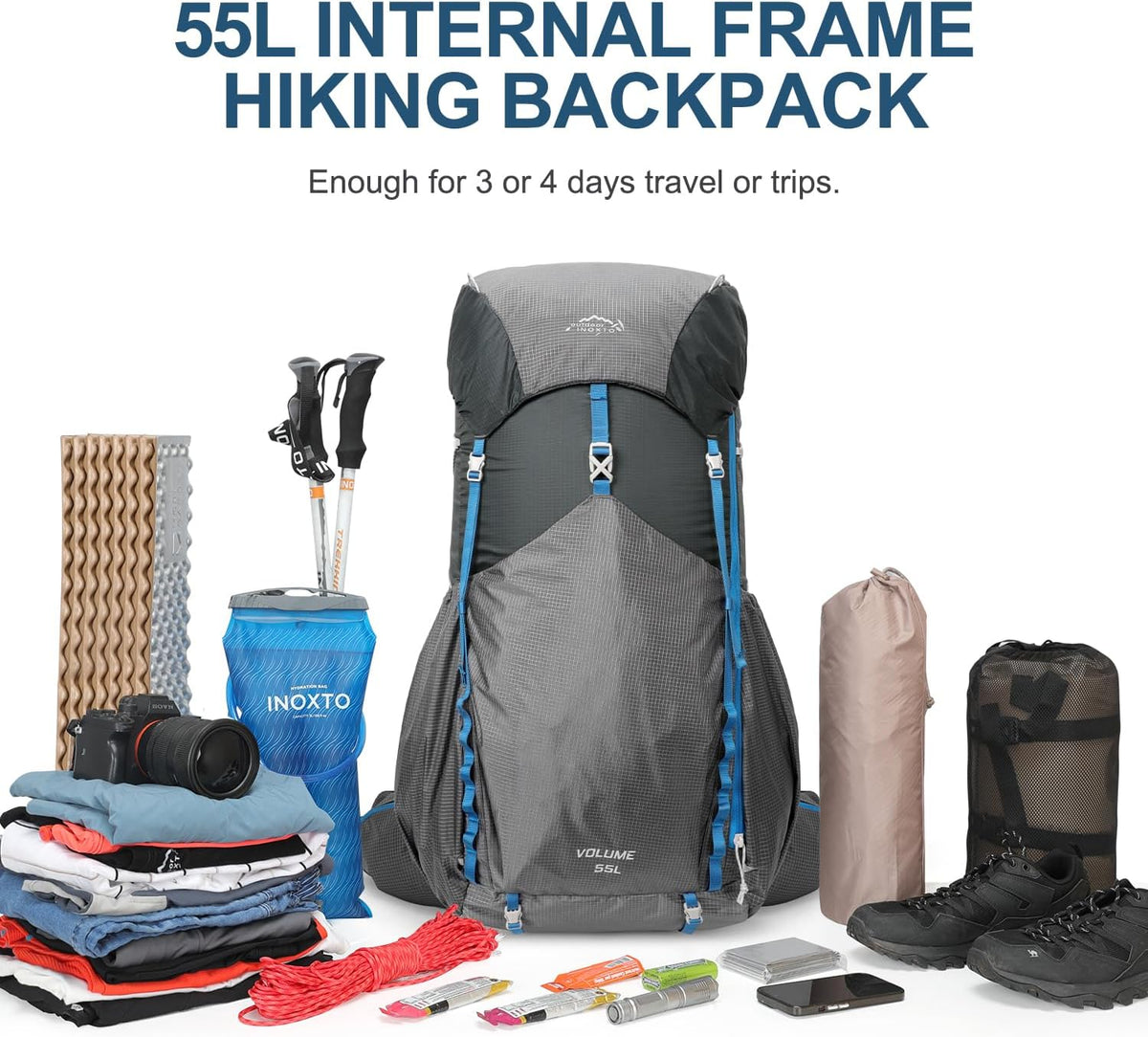 IX INOXTO 55L Internal Frame Waterproof Hiking Camping Backpack with 3L Water Bladder and Rain Cover, Large Lightweight Travel Daypack Rucksack for Climbing (Dark Gray)