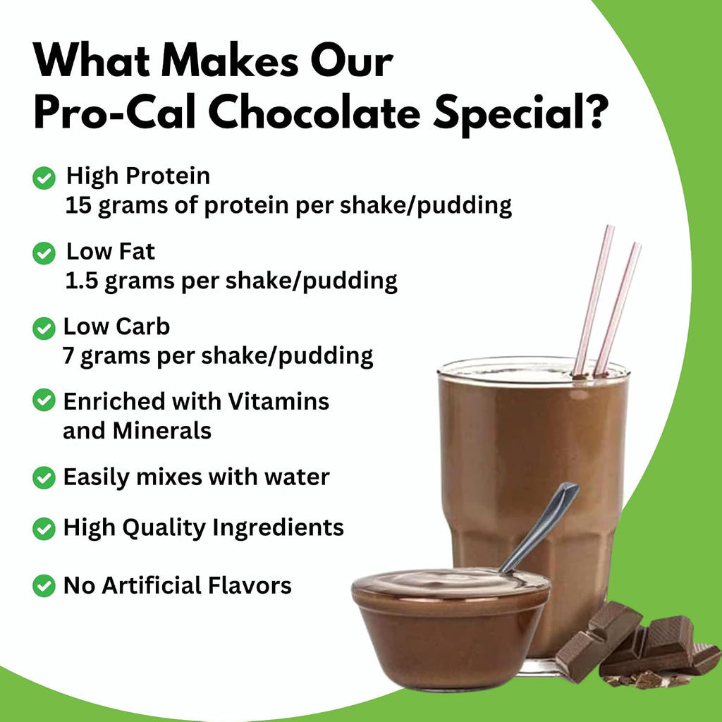Pro-Cal Chocolate Meal Replacement Powder - High Protein, Low Calorie Shake & Pudding Mix - Low-Carb, Gluten Free - Breakfast Boost - Delicious & Easy to Prepare - 16 Servings, 16.4oz
