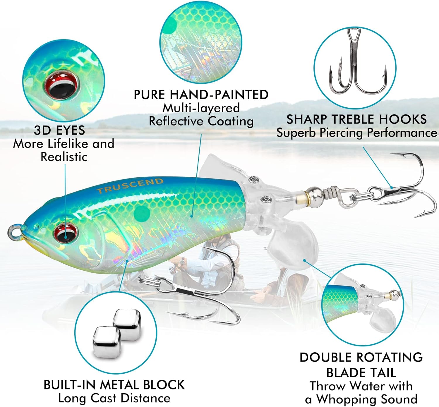 TRUSCEND Popobait Easy Catch Fishing Lures with BKK Hooks, Instant Startup, Longer Cast, Balanced Spray/Sound/Swim, Plopper Topwater Lures for Bass, Trout, Pike, Walleye, Freshwater Saltwater Fishing