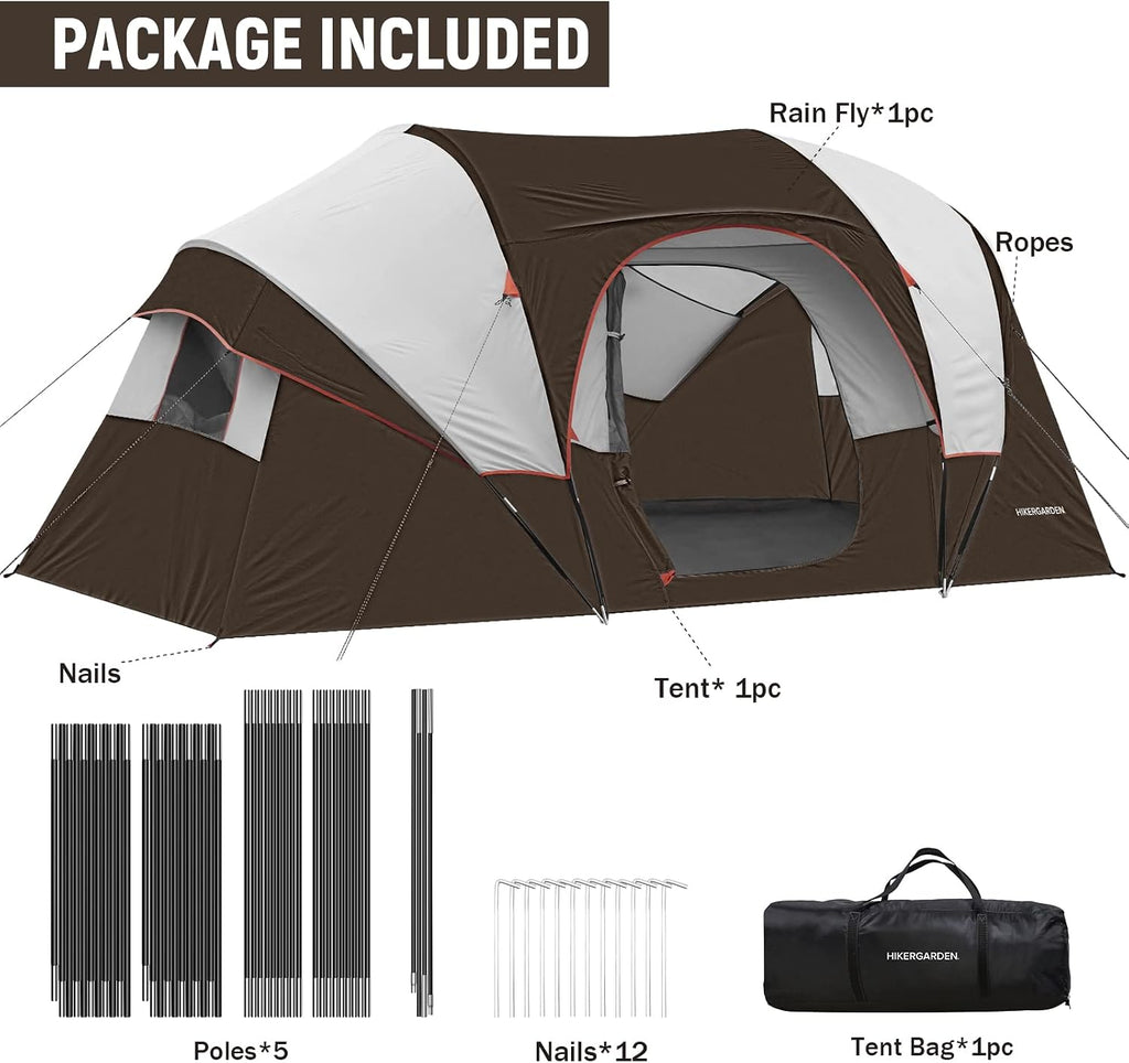 HIKERGARDEN 10 Person Tents for Camping Family Outdoor Dome Tent