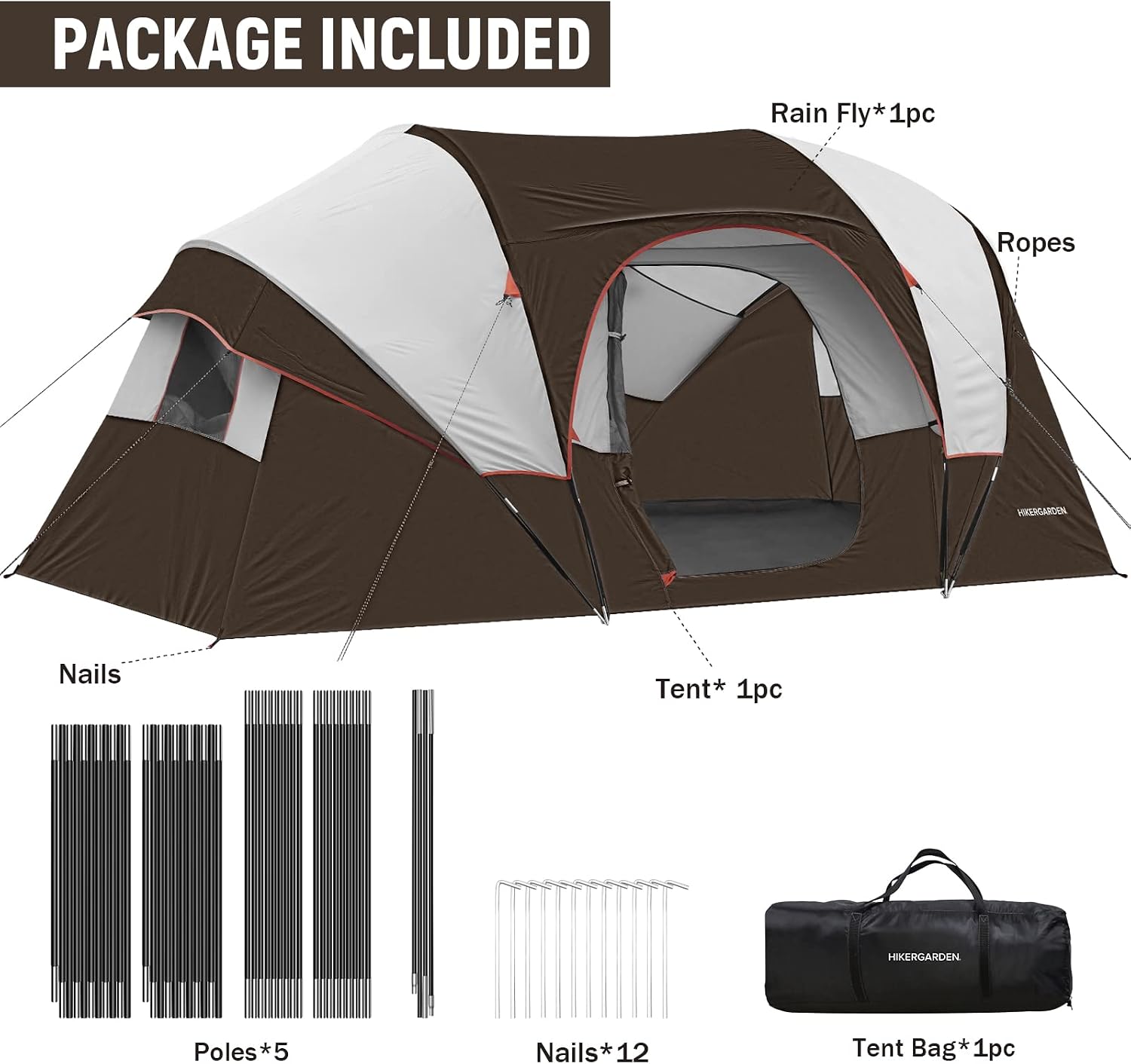 HIKERGARDEN 10 Person Tents for Camping Family Outdoor Dome Tent