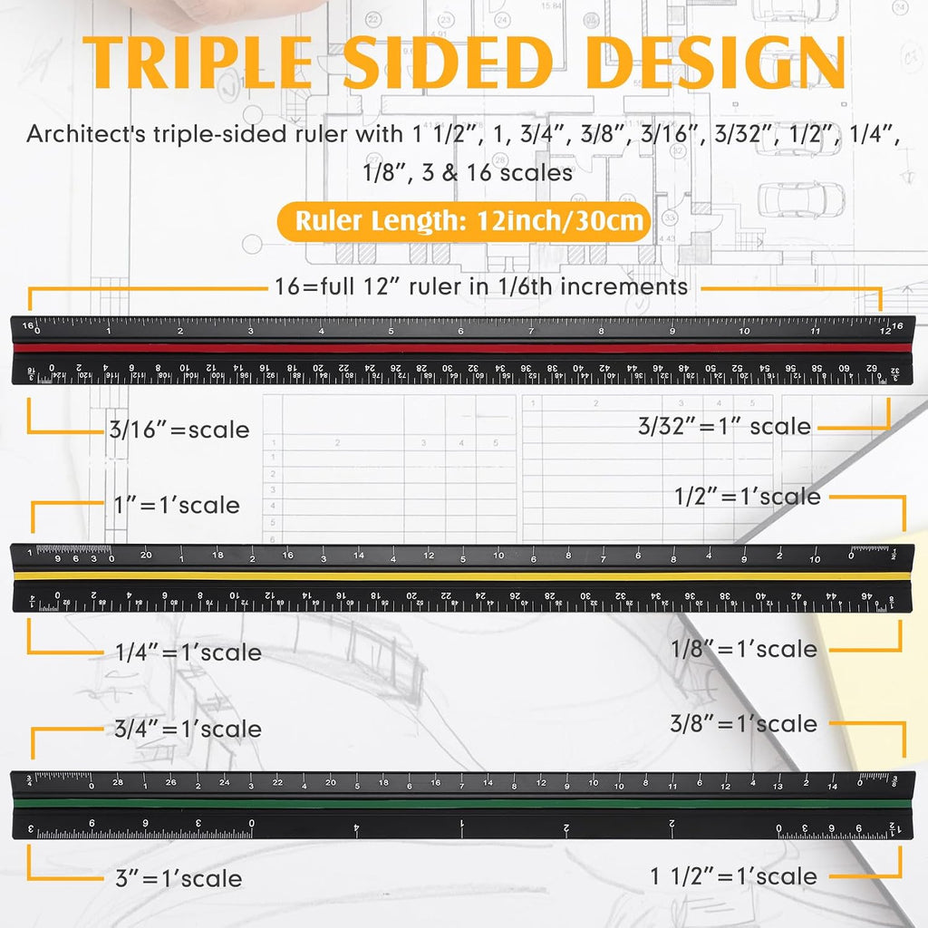 Macarrie 10 Pcs Architectural Scale Ruler 12" Engineers Scale Set, 3 Colors