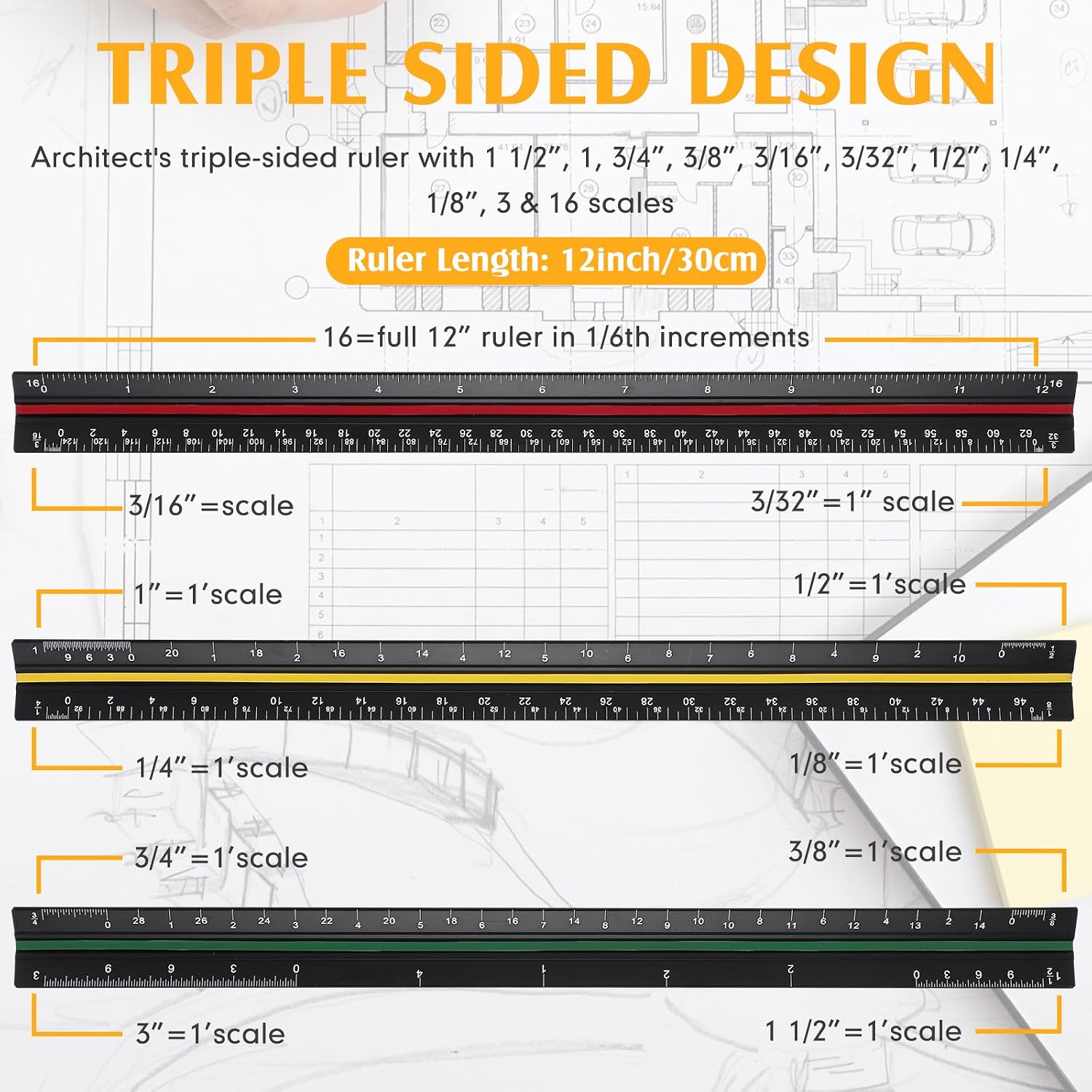 Macarrie 10 Pcs Architectural Scale Ruler 12" Engineers Scale Set, 3 Colors