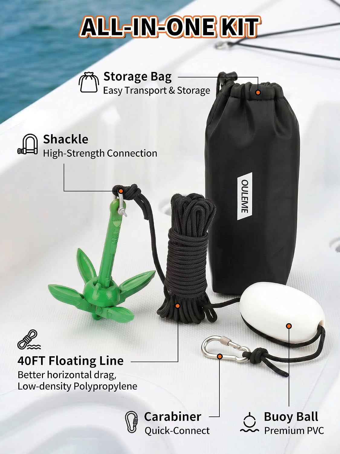 OULEME 1.5/3.5 LB Folding Grapnel Anchor Kit with 40 FT Rope & Buoy, for Boat, Kayak, Canoe, Small Watercraft, SUP, PWC, Jet Ski, Inflatable Paddle Board