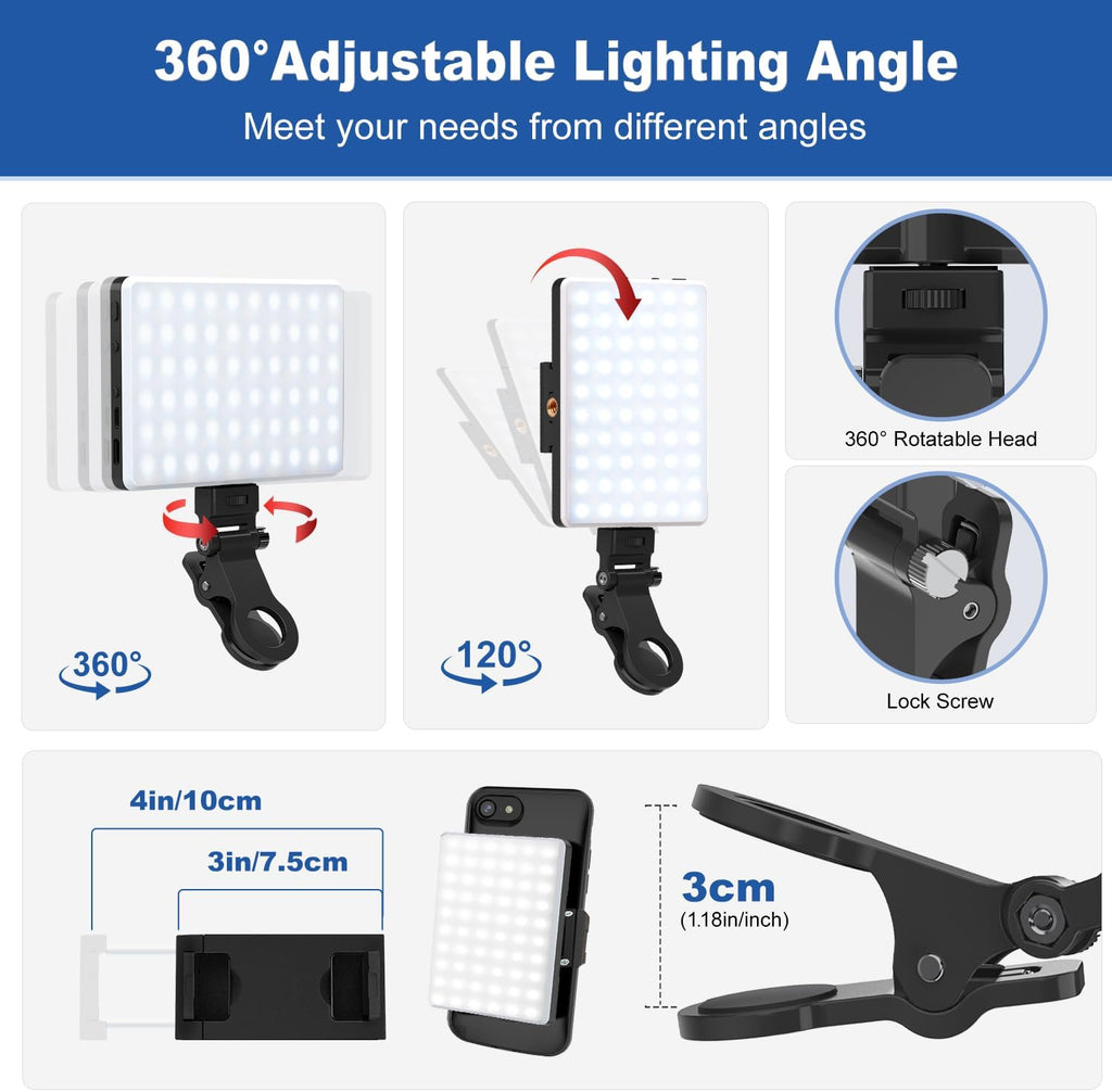 Selfie Light, Phone Light with Front & Back Clip, 60 LED Portable Light with 3 Modes, 5000mAh Rechargeable Video Light for Phone, iPhone, IPad, Laptop, TikTok, Makeup, Live Stream, Vlog(Black)