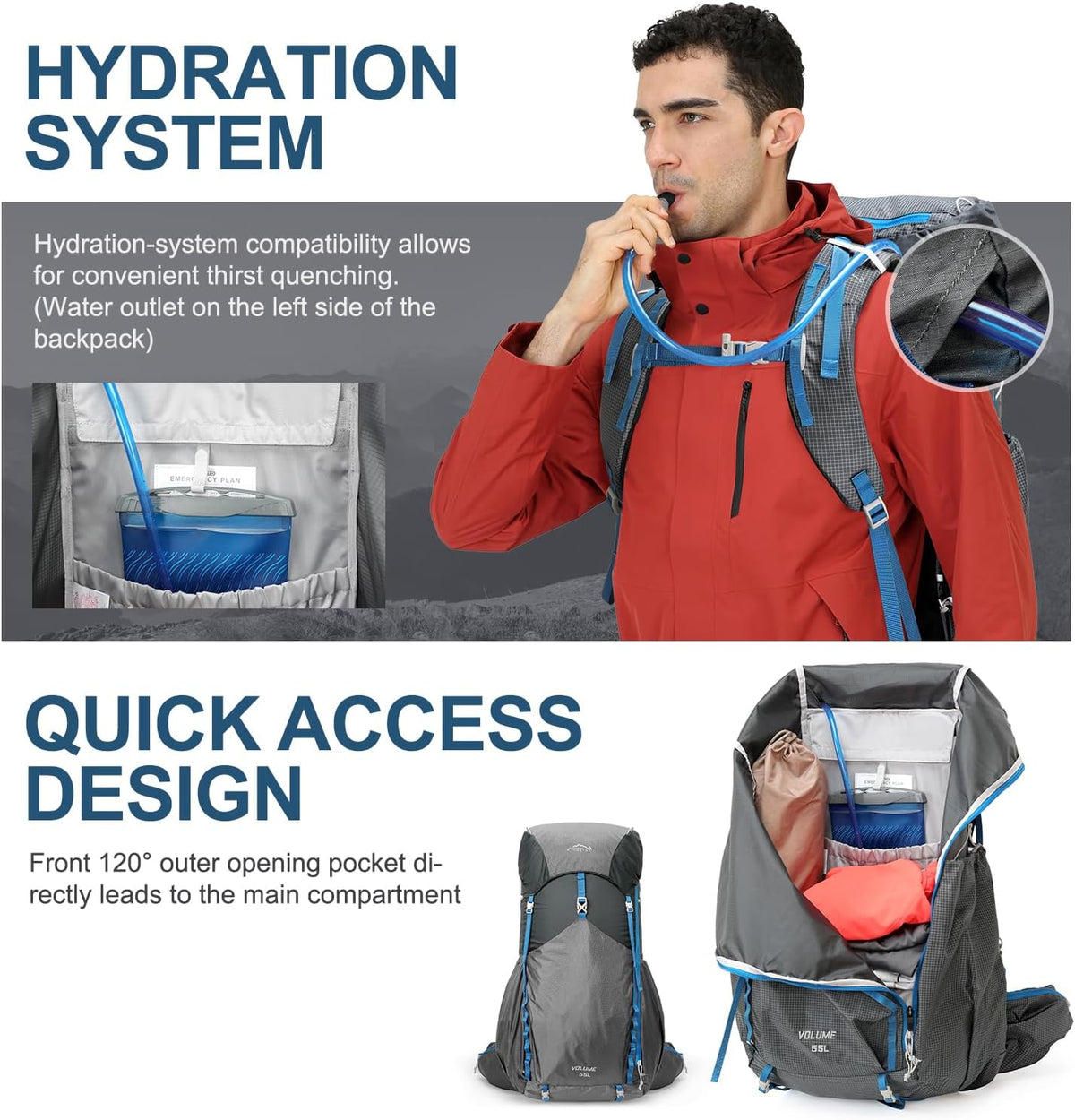 IX INOXTO 55L Internal Frame Waterproof Hiking Camping Backpack with 3L Water Bladder and Rain Cover, Large Lightweight Travel Daypack Rucksack for Climbing (Dark Gray)