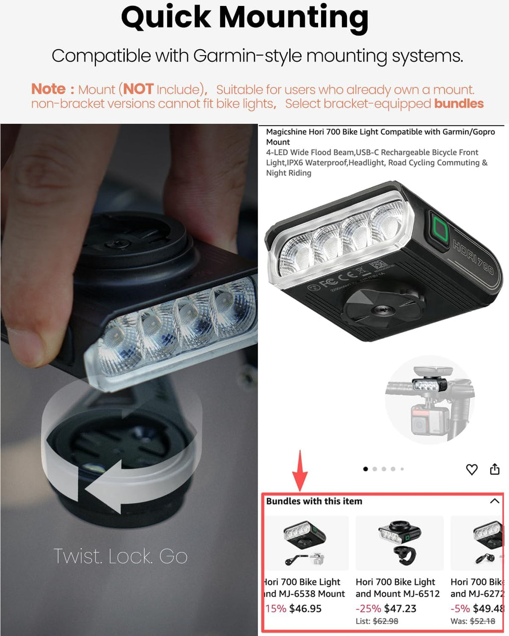 Magicshine Hori 700 Bike Light Compatible with Garmin, Slim 1.26in Design