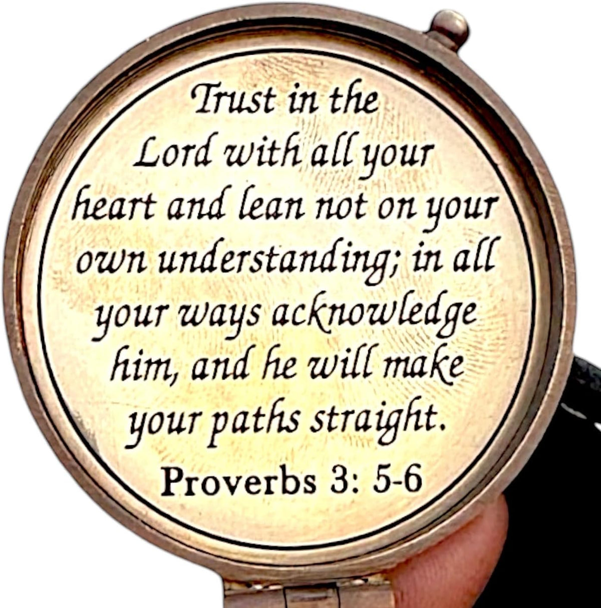 Proverbs 3: 5-6 Engraved Compass Gift for Men, Trust In The Lord Inscription Compasses Graduation Gift, Confirmation Gift, Baptism Religious Gift, Communion Survival Brass Compass With Leather Case