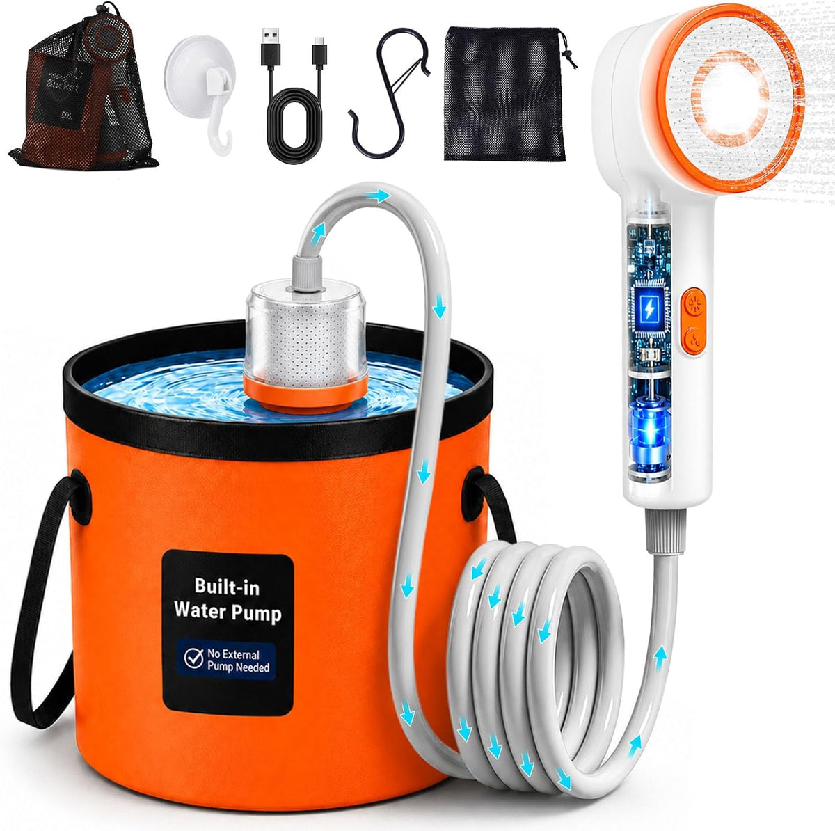 [2026 Upgraded Built-in Water Pump] Rechargeable Filtered Shower Head, Portable Camping Shower with Foldable Bucket, LED Light Camp Shower for Car Wash, Pet Bathing, Outdoor Travel & Watering Plants