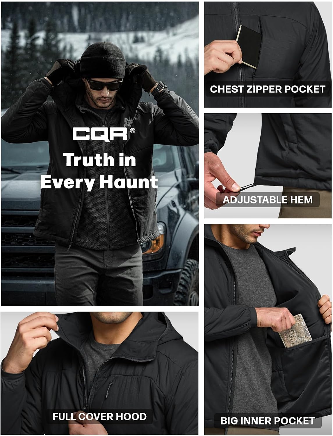 CQR Men's Lightweight Warm Insulated Jacket, Windproof Water Resistant Winter Active Coat for Hiking Work Outdoor Tactical