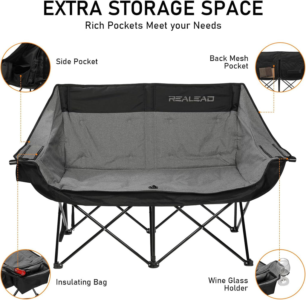 REALEAD Double Camping Chair Heavy Duty Camping Couch Support 650 lbs