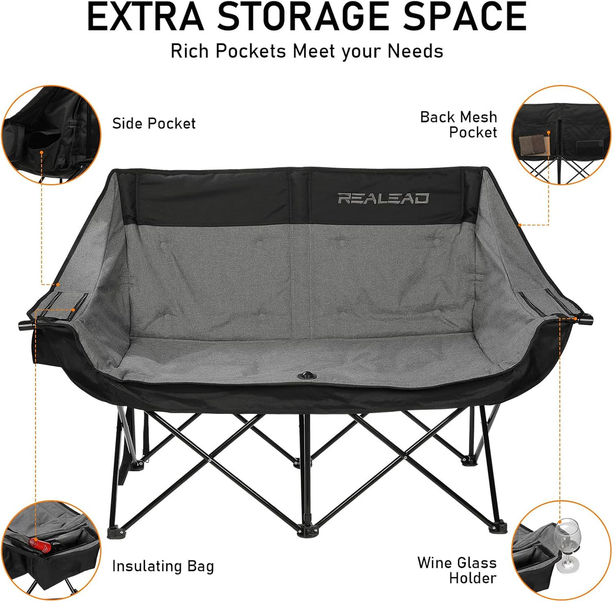 REALEAD Double Camping Chair Heavy Duty Camping Couch Support 650 lbs