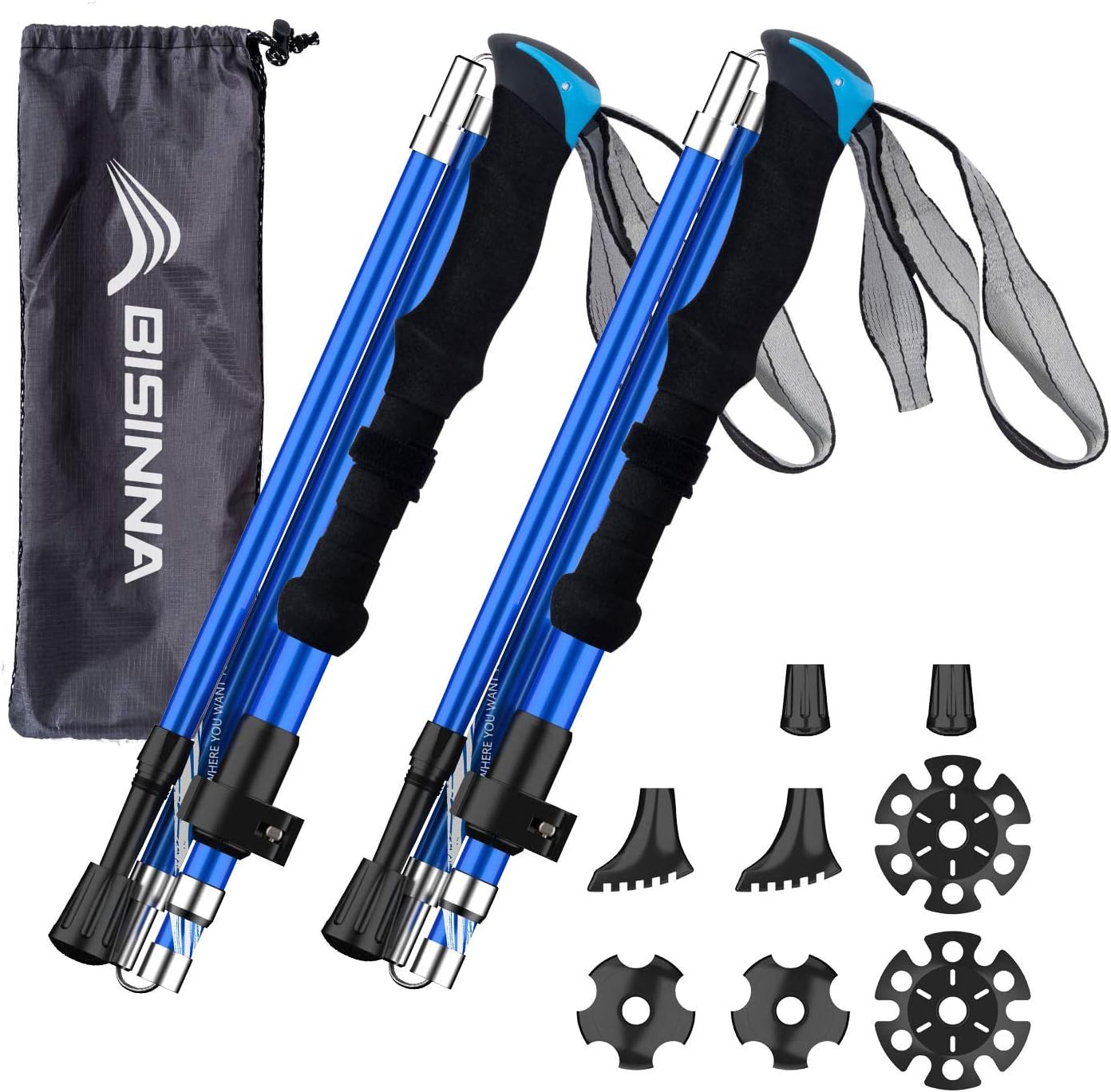 BISINNA Lightweight Collapsible Trekking Poles Folding Hiking Sticks | 2pc set,Aircraft-Grade Aluminum ,Quick Lock System ,EVA grip Telescopic Adjustable Walking Stickls for Men Women Seniors