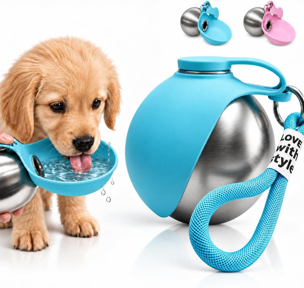 Portable Dog Water Bottle with Bowl, 10oz Stainless Steel, Leakproof