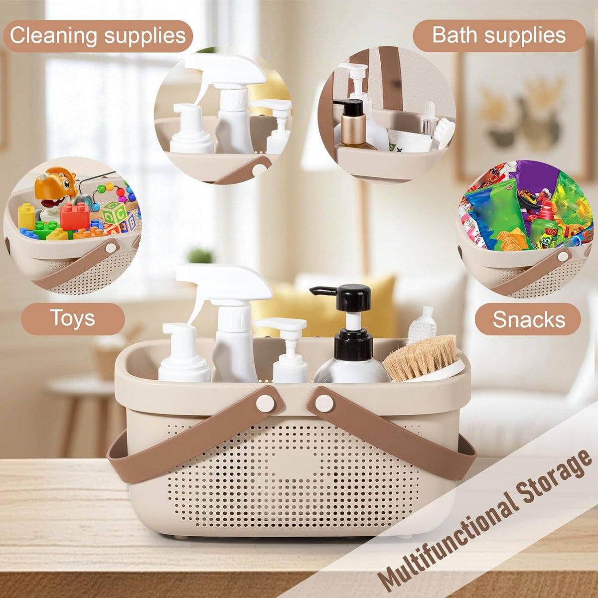 Portable Shower Caddy Basket with Handles Plastic Storage Basket Beige
