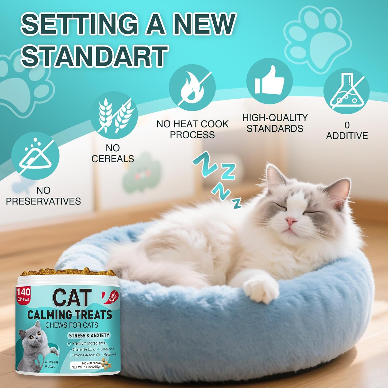Cat Calming Treats, 140 Soft Chews to Relieve Anxiety, Stress & Prevent Bites, Perfect for Travel & Veterinary Visits, Soothing Calming Care for Indoor Cats Chicken Flavor 7.41 OZ