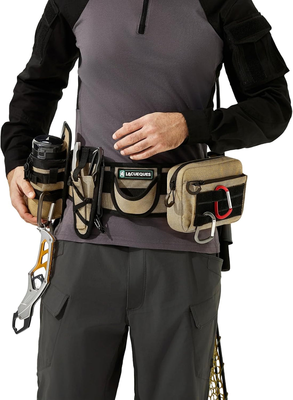 Wading Fishing Belt with Rod Holder and Tackle Pouch, Tan