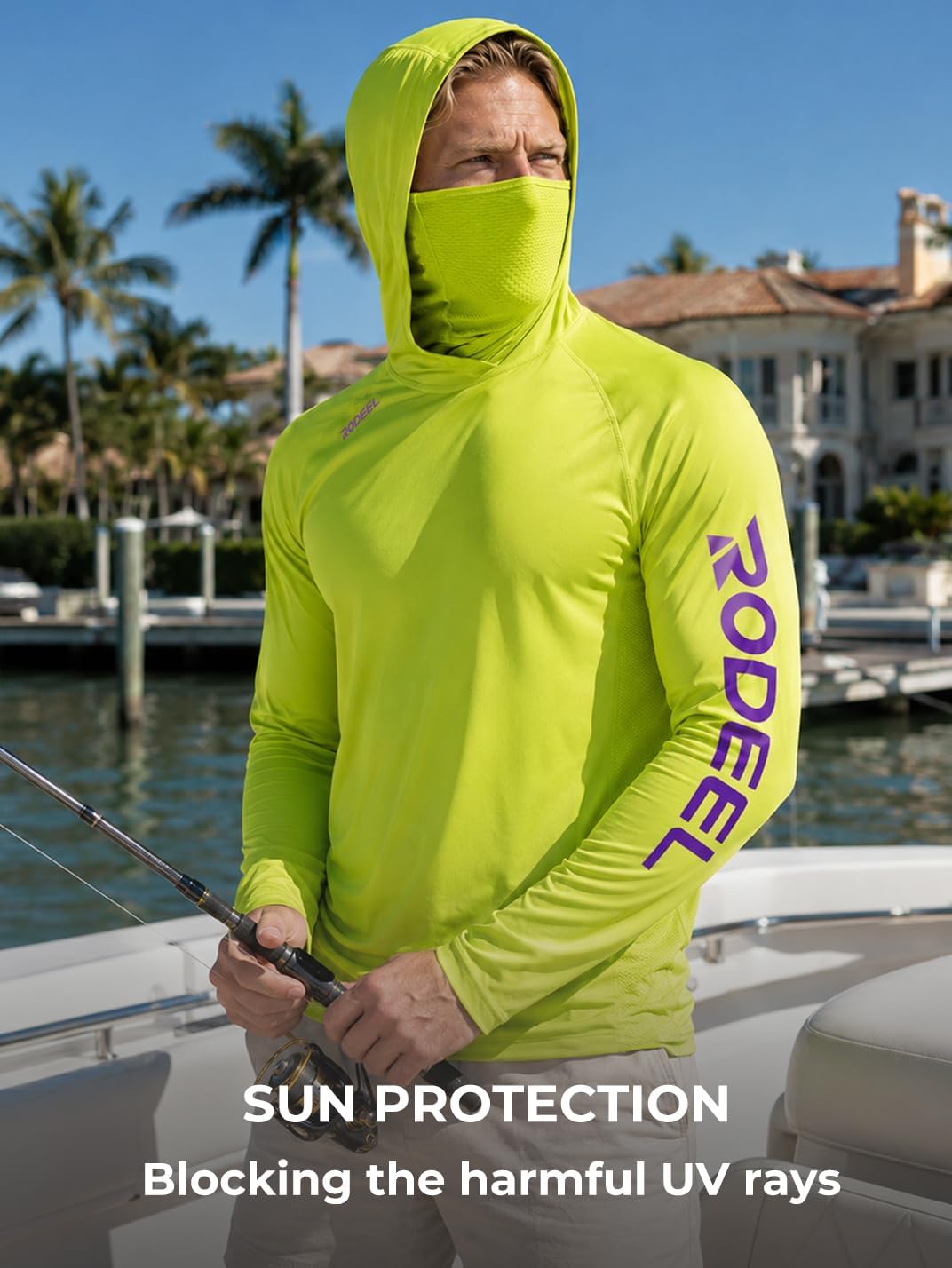 Rodeel UPF 50+ Men’s Long Sleeve Performance Fishing Hiking Shirt with Mask UV Neck Gaiter Hoodie