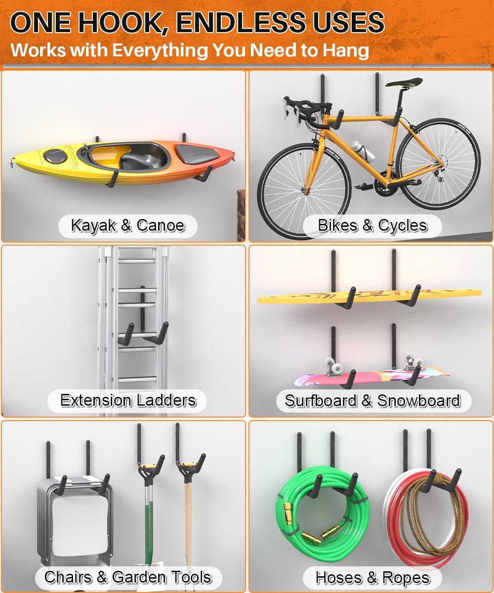 Heavy Duty Kayak Storage Rack with EVA Foam & Rubber Bushing, Wall Mount Kayak Hangers Large Hooks for Garage Hanger Canoe, Surfboard, Skiboard, Snowboard, Paddle Board, Ladders, Bike