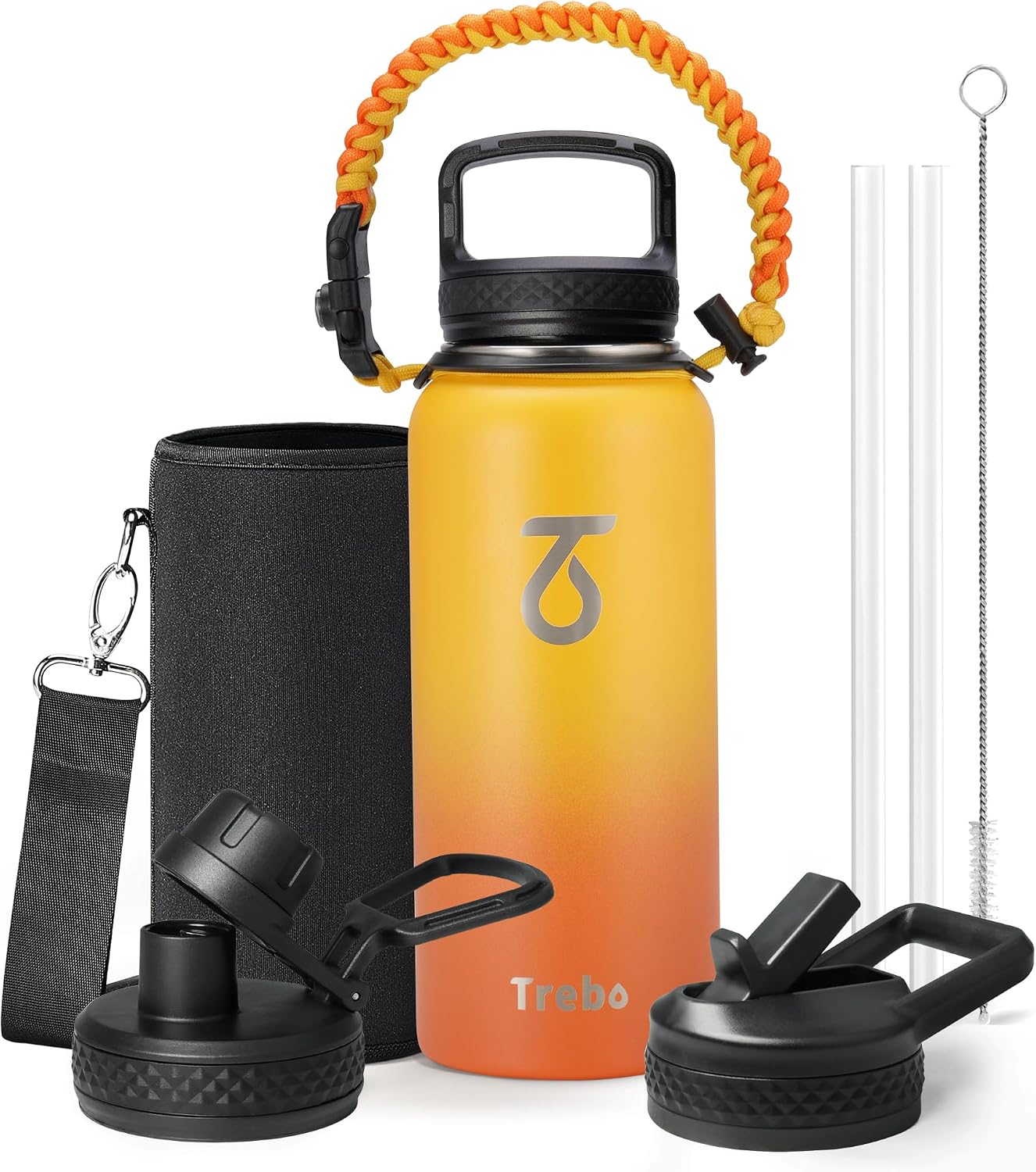 Trebo Insulated Water Bottle 32 oz with 3 Lids, Paracord Handle & Sleeve