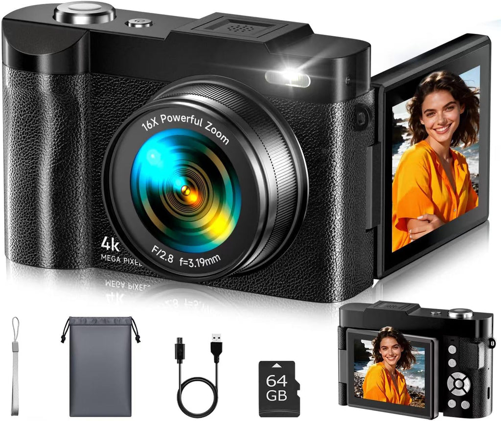 4K Digital Camera for Photography- 48MP Autofocus Vlogging Camera with 2.8" 180° Flip Screen, 16X Digital Zoom- Compact Point and Shoot Camera with 64GB SD for YouTube, Travel, Beginners