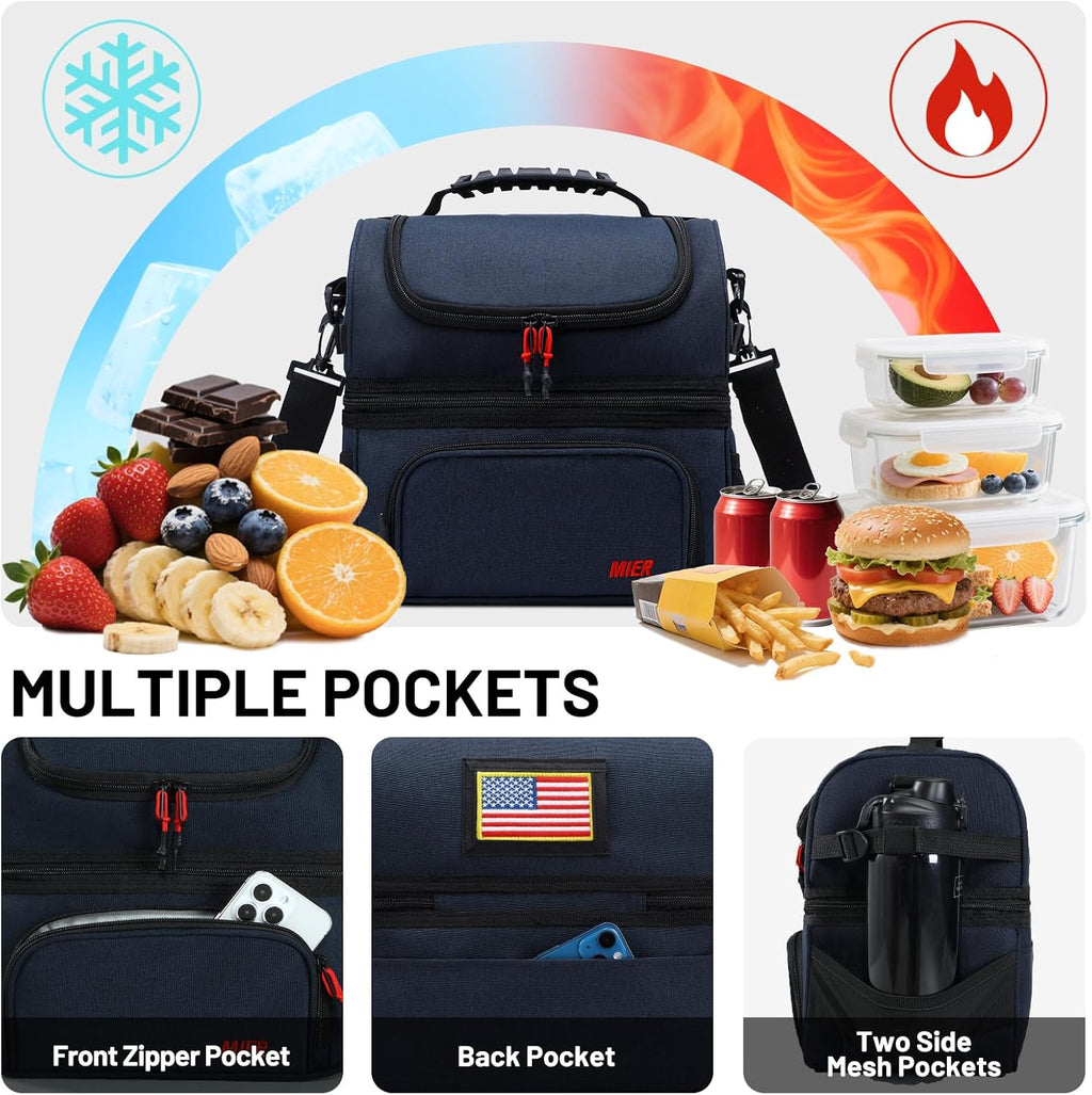 MIER Lunch Box for Men Dual Compartment Adult Lunch Bag for Work, Dark Blue