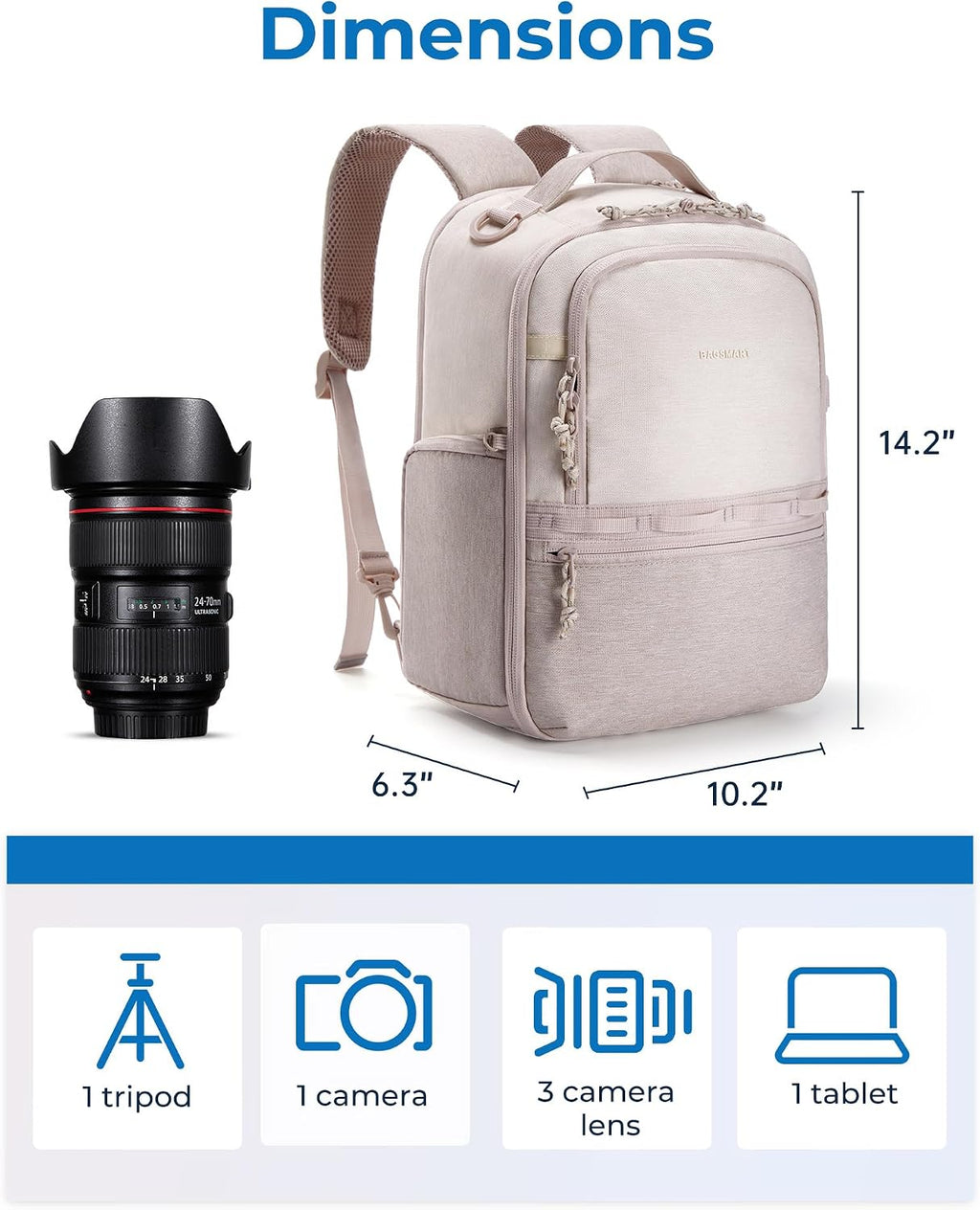 BAGSMART 2 in 1 Small Camera Backpack for DSLR, Fits 12.9" iPad, Beige